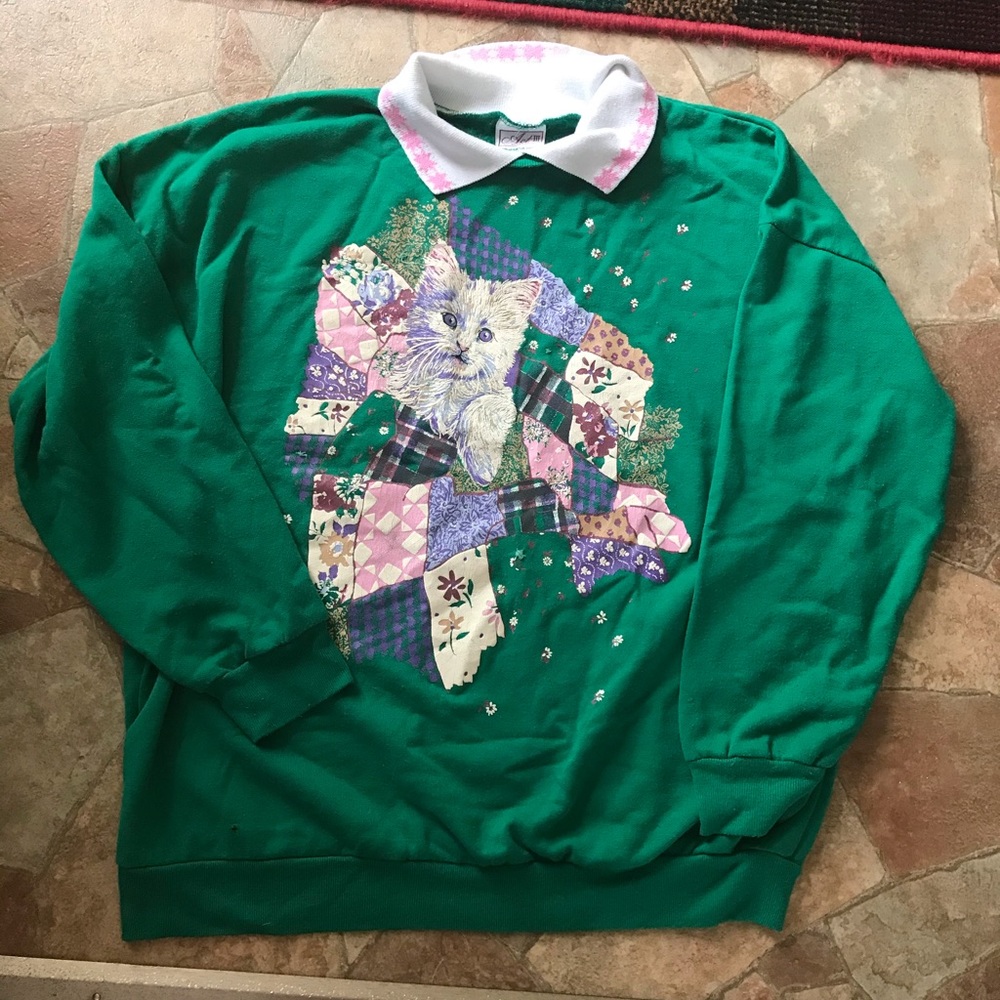 🌿Vtg Cat Collared Sweatshirt